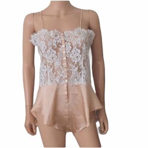 Vtg 1970s Pure Silk Floral Lace Teddy Romper Sheer Boudoir Lingerie Arete